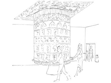 A black and while sketch of people walking around a large round decorated object