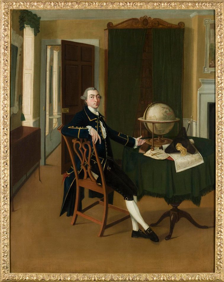 A painting of a man with grey hair wearing an admiral uniform with white stockings sitting on a chair in a drawing room beside a table strewn with papers and a globe.