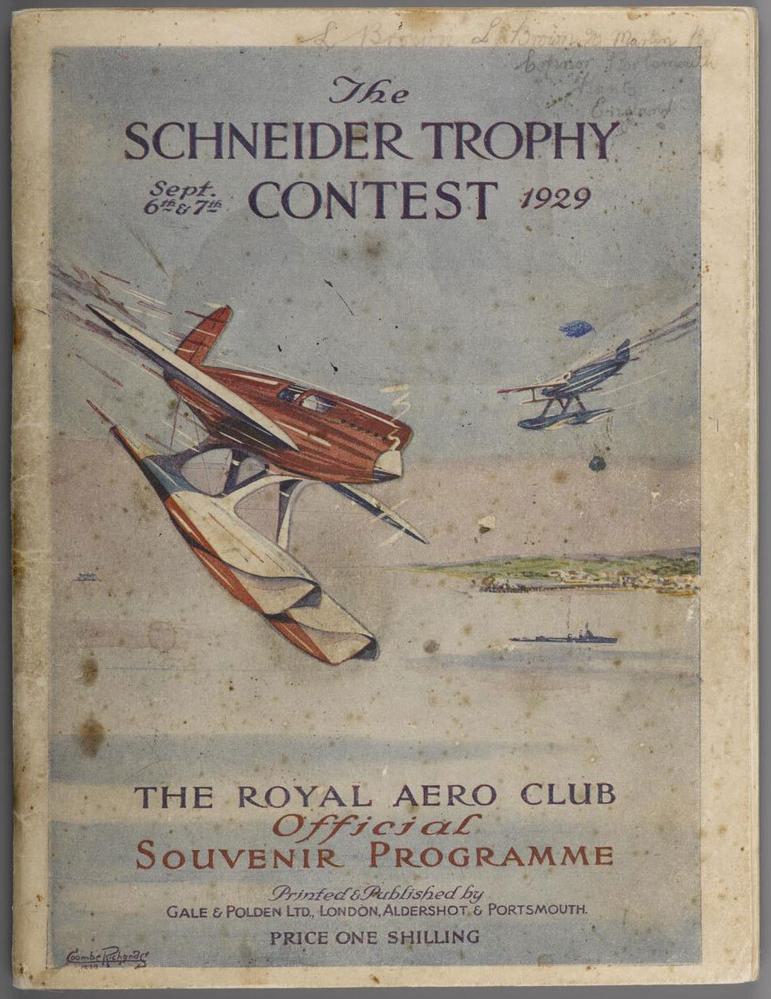An aged paper programme of a filght competition featuring illustrations of planes on the cover.