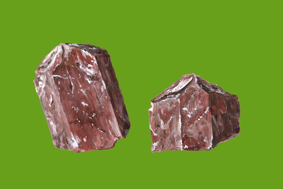 An illustration of two brown rocks with white flecks against a bright green background