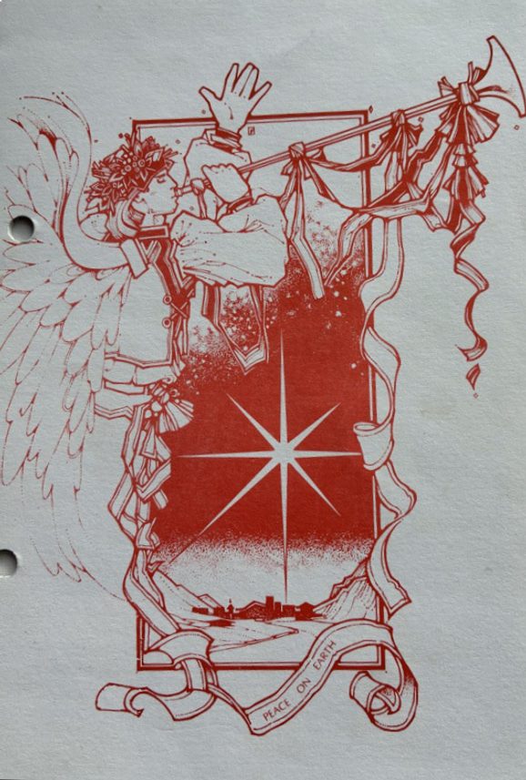 An illustration of a herald playing a musical horn, standing in front of a small town. The drawing is in red linework on white paper.
