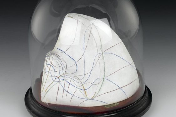 A white plaster cast with coloured lines drawn all over its surface, sitting on a wooden disc covered with a glass dome.