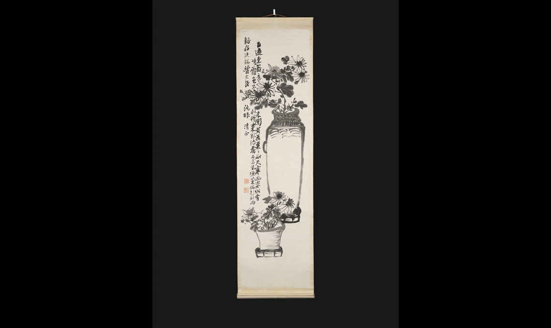 Long rectangular hanging scroll painting depicting two vases with chrysanthemums