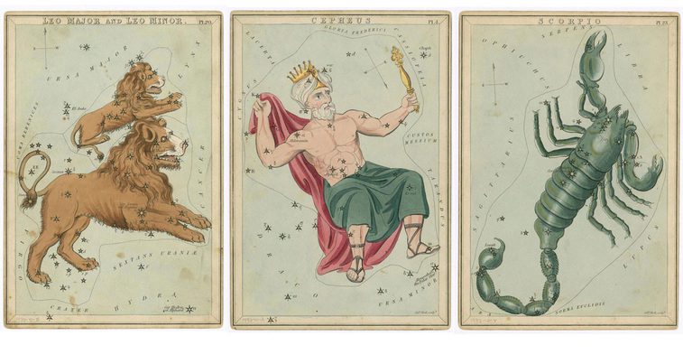 Three illustrations featuring two lions representing the constellations Leo Major and Leo Minor, a scorpion representing the constellation Scorpio and and a old man with crown and turban holding a sceptre representing the constellation Cepheus