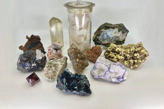 A group shot of different minerals on a table