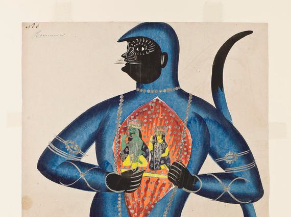 A painting of a blue creature with a tail and an image of a royal couple on its chest.