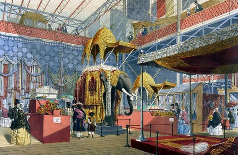 A colourful illustration of the inside of a Victorian pavillion