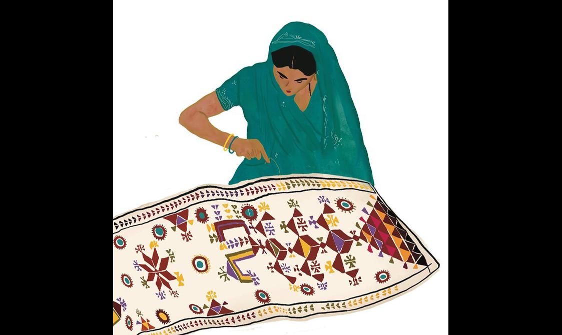 An illustration of a person sewing a scarf