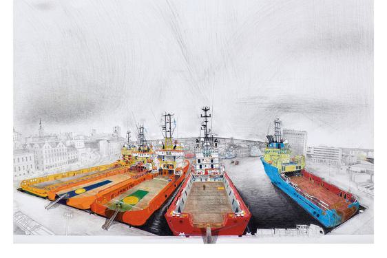 An oil painting of Aberdeen Harbour showing a row of docked oil ships.