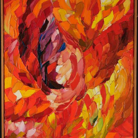 An abstract oil painting of a tulip, with overlapping strokes of red, orange, yellow, and purple.
