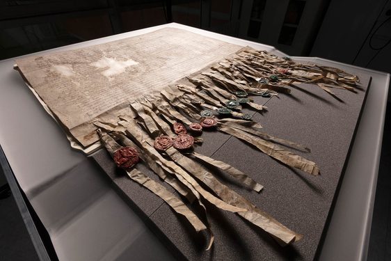 The Declaration of Arbroath laid out on a grey foam protective base set against a black background. The Declaration has dense Latin script across it with two small patches missing, and many strips dangling from the bottom affixed with green and red wax seals.