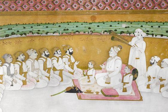 A painting of a court meeting in Bengal. Figures are kneeling down around the court. Three central figures are kneeling on a pink carpet.