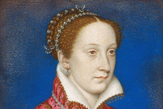Portrait of Mary, Queen of Scots dressed in a pink doublet lined with gold and pearls, looking stoically ahead against a blue background.