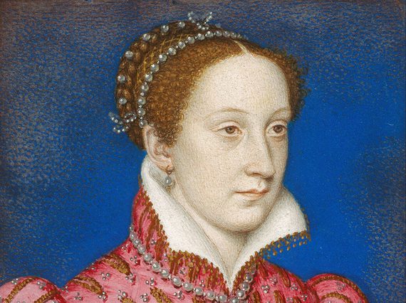 Portrait of Mary, Queen of Scots dressed in a pink doublet lined with gold and pearls, looking stoically ahead against a blue background.