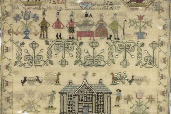 A complex needlework piece depicting people, animals, and flowers.
