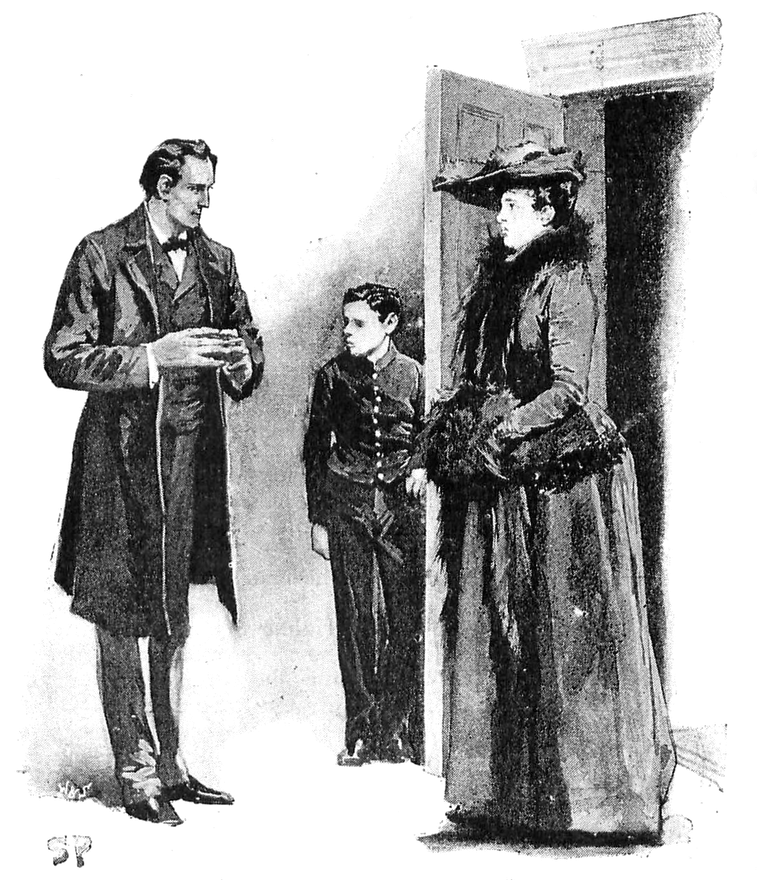 A black and white illustration of three figures standing by a door.