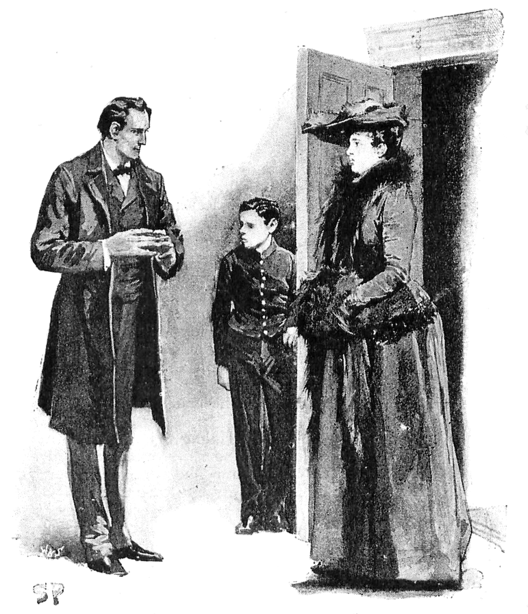 A black and white illustration of three figures standing by a door.