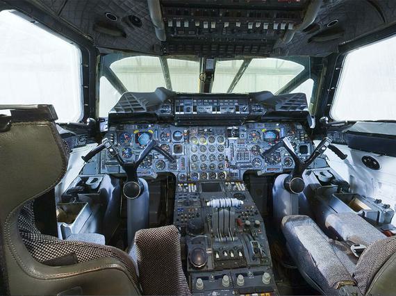 Inside of a cockpit of a Concorde aircraft.