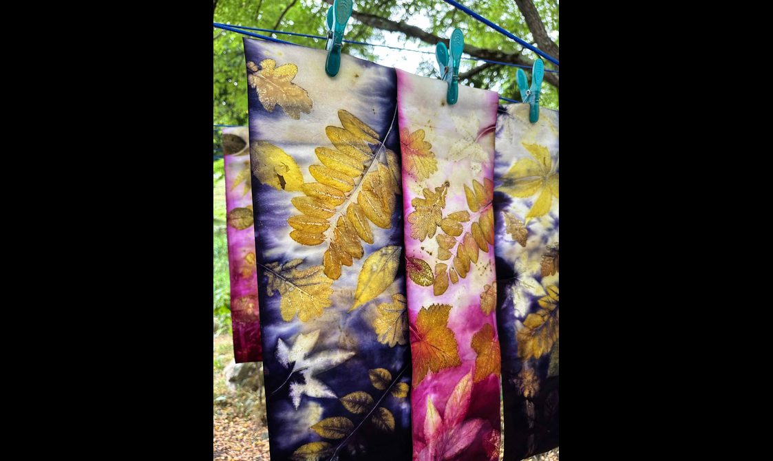 Colour long pieces of fabric with printed plants, drying outside on a line.