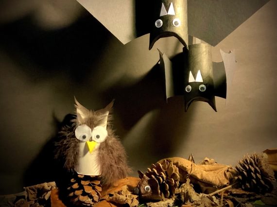 A crafted woodland scene, showing an owl and bats made out of toilet roll holders, standing on some woodland with pine cones.