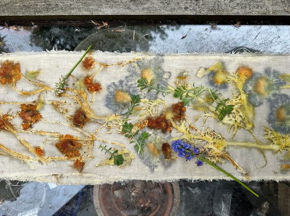 A swatch of material decorated with plants and flowers