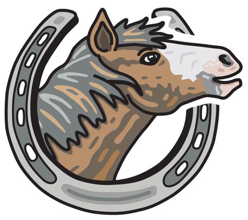 Illustration of a brown horse's head surrounded by a silver horseshoe.