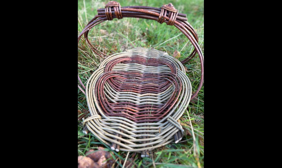 A shallow large basket made of willow with a handle, on grass. The base of the basket is made with pale and dark strands of willow in a striped design.
