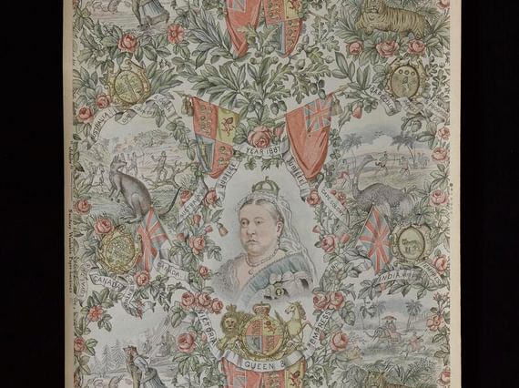 Illustrated repeating colour print of the bust of Queen Victoria surrounded by flags, leaves and flowers, and various animals including a tiger and a kangaroo.