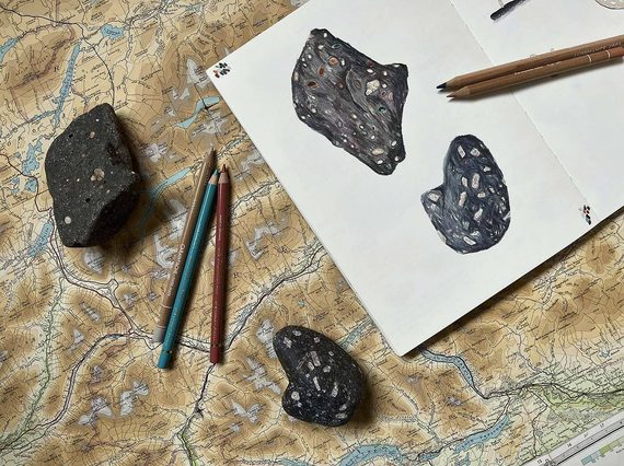 Two fossils lying on a large map next to some coloured pencils and a sketchbook. The sketchbook contains illustrations of the fossils.