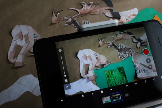 A smartphone camera with a view of a collage of different prehistoric creatures