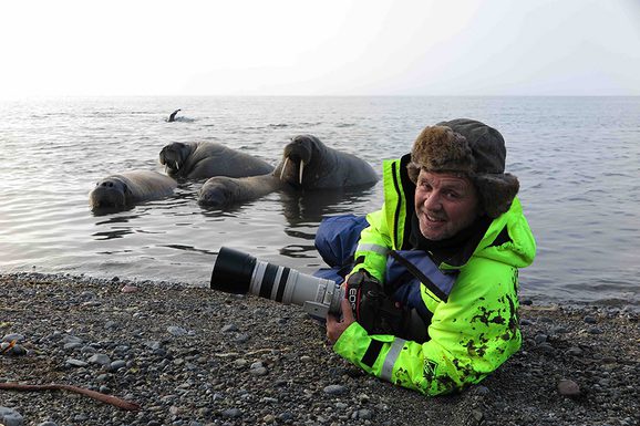 A man lying by the beach wearing waterproof clothing and a fluffy hat and carrying a camera. Three walruses are in the background, by the shore.