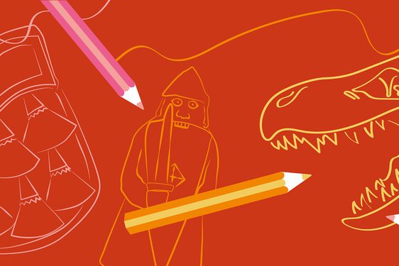 Red background and line illustrations of dinosaur, kilt and Lewis chess piece surrounded by illustrated pencils.