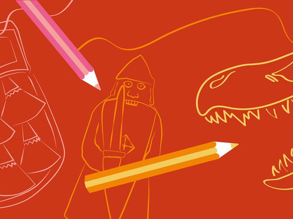 Red background and line illustrations of dinosaur, kilt and Lewis chess piece surrounded by illustrated pencils.