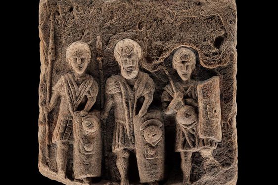 A sandstone sculpture with three legionaries holding shields and weapons