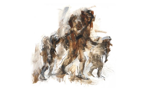 An expressive painting of a large figure with two smaller figures