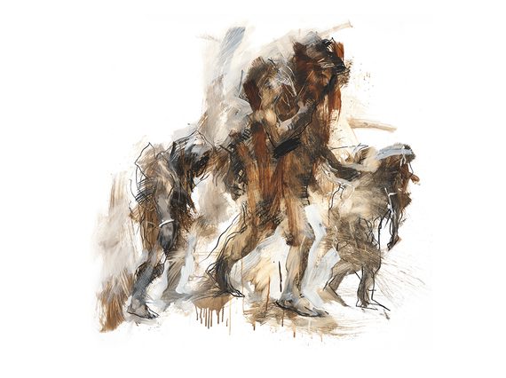 An expressive painting of a large figure with two smaller figures