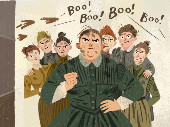 Colour illustration of The Edinburgh Seven women standing proudly with 'boo!' text written above them by Anders Frang