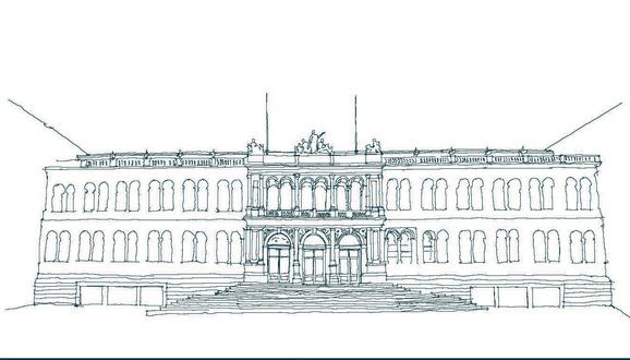 A green line illustration of a Victorian-era museum building. There are two rows of tall windows, long pillars, and sculptures on the roof.