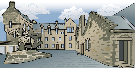 An illustration of an old building with three wings and a statue of a soldier on a horse in front of the building.