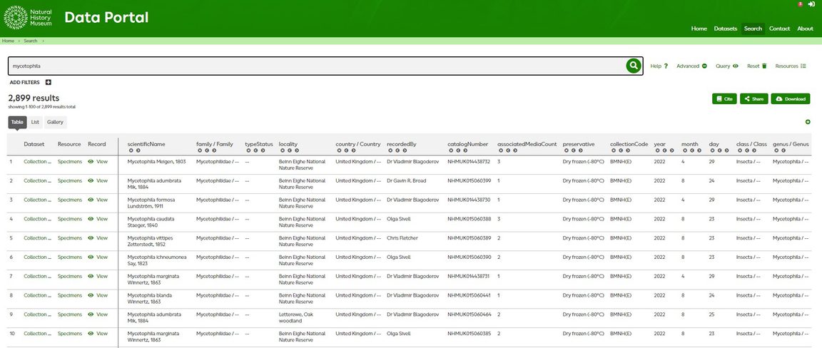 The interface of the Natural History Museum's Data Portal