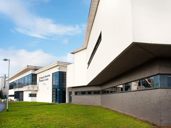 The exterior of a large white building, the Glasgow Museums Resource Centre