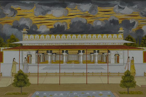 18th century highly detailed illustration of an Indian palace and its surrounding garden featuring clouds and shrubs..