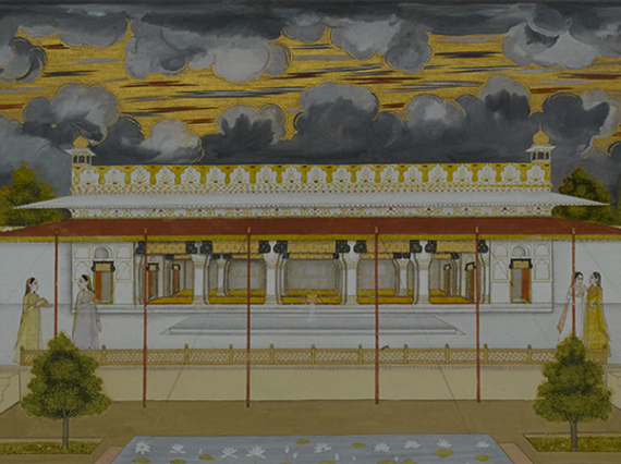 18th century highly detailed illustration of an Indian palace and its surrounding garden featuring clouds and shrubs..