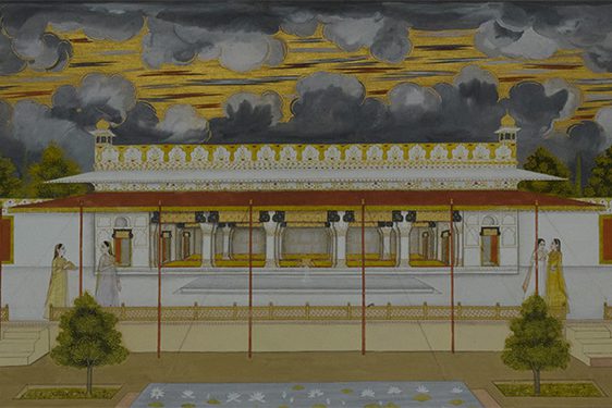 18th century highly detailed illustration of an Indian palace and its surrounding garden featuring clouds and shrubs..