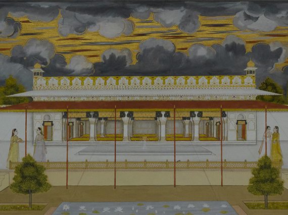18th century highly detailed illustration of an Indian palace and its surrounding garden featuring clouds and shrubs..