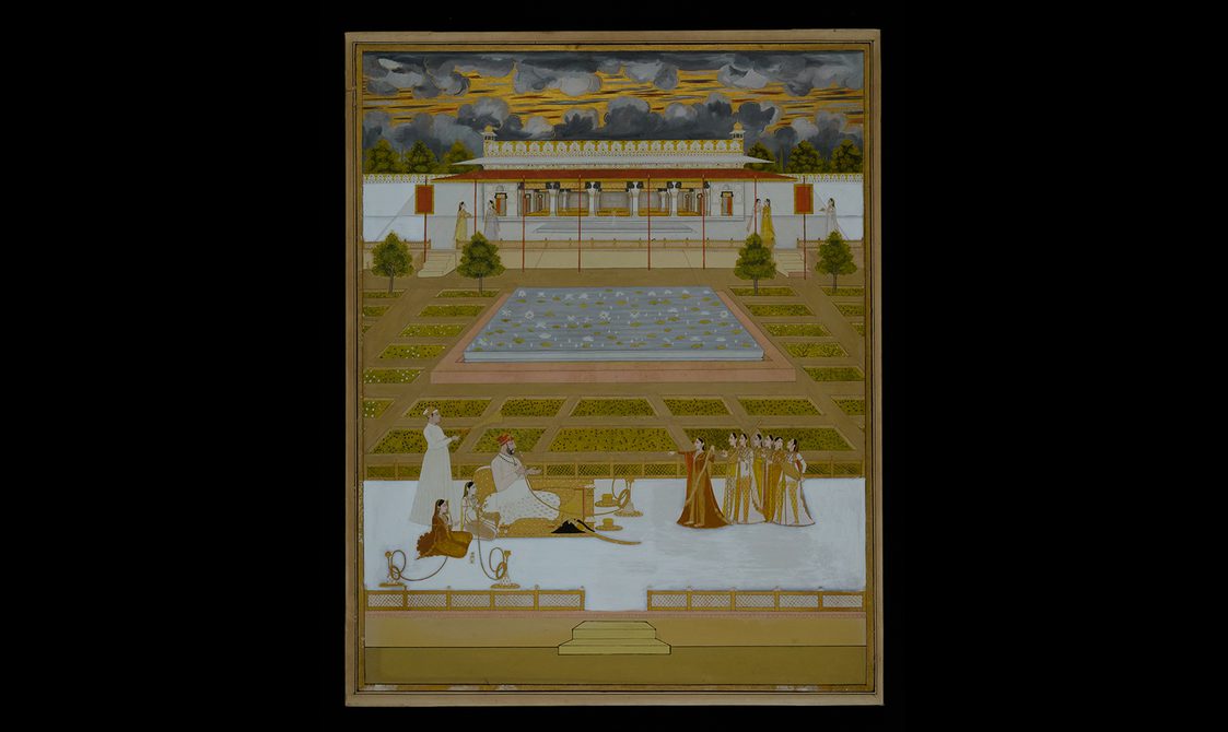 Detailed 18th century painting of an Indian palace and gardens featuring a group of people in long dresses in the foreground.