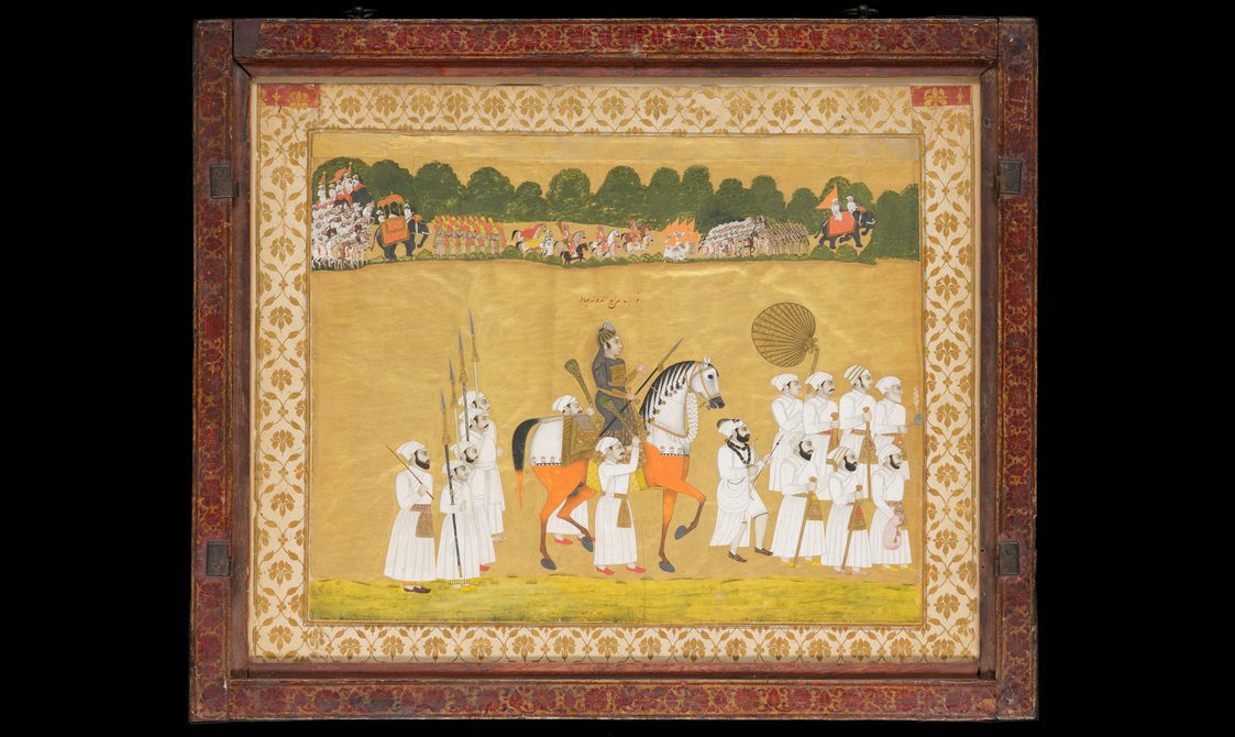 An elaborately painted 18th century painting of a man on horseback surrounded by men, and a village in the background.