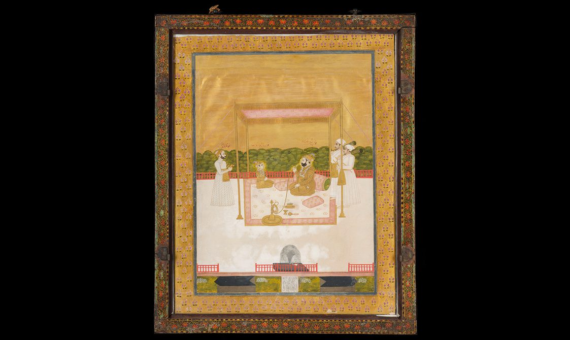 An intricate gold framed painting featuring people underneath a canopy feature.