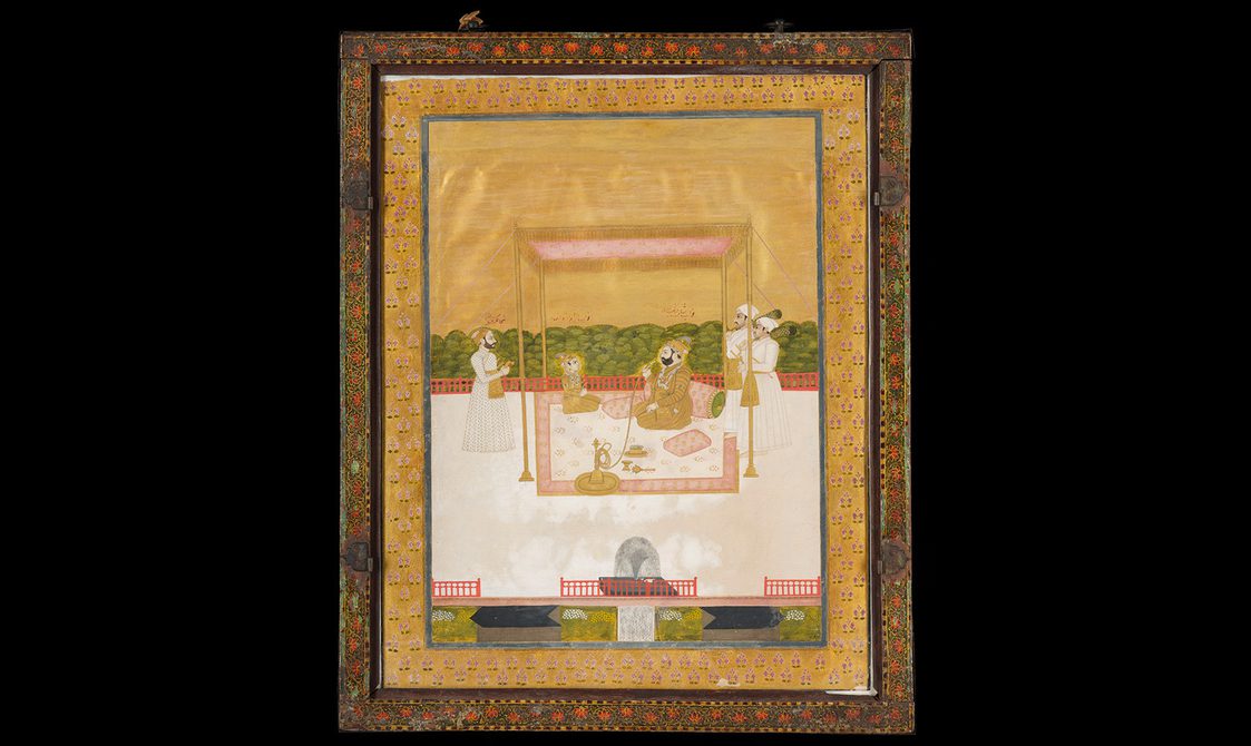 An intricate gold framed painting featuring people underneath a canopy feature.