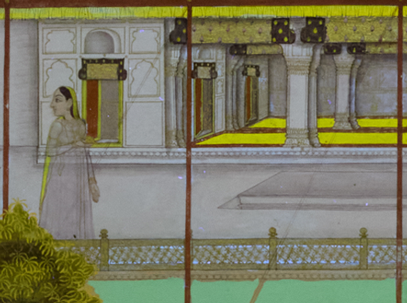 A close up of a 18th century palace scene featuring a woman in the foreground. The photo is considerably brighter than the previous comparison image.